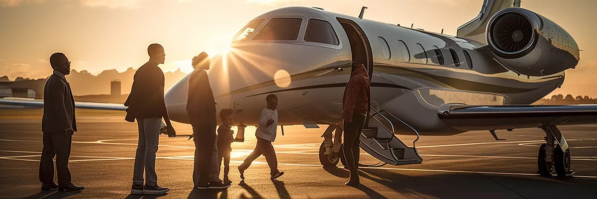 family boarding a private jet
